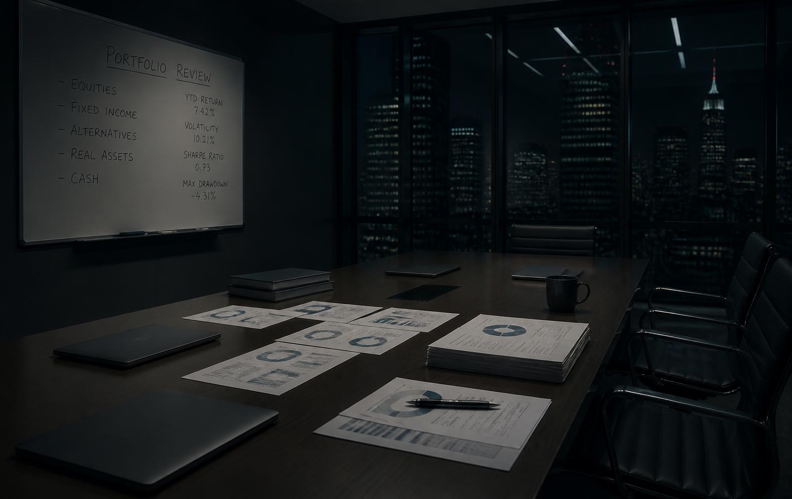 Portfolio review room at night with printed reports on a long table