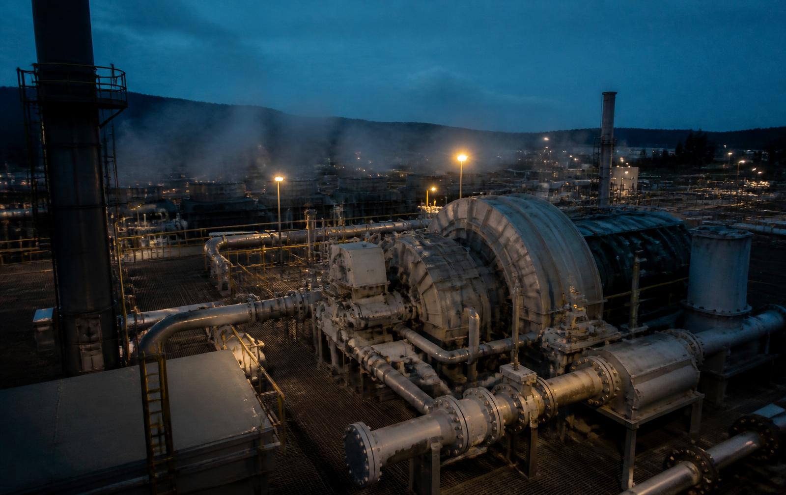 Compressor station at dusk viewed through a perception system