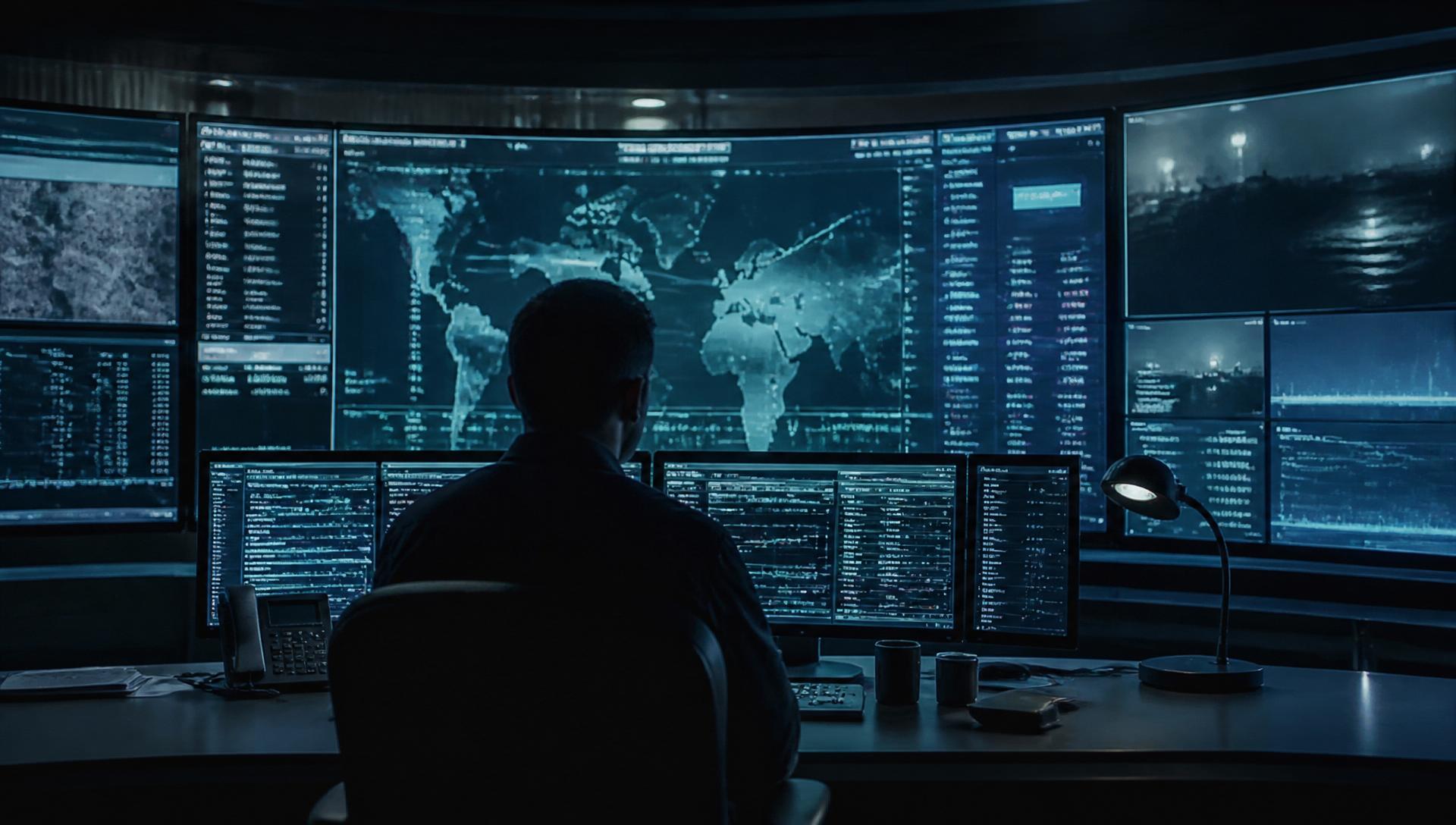 Operator in a mission operations center facing a wall of live telemetry